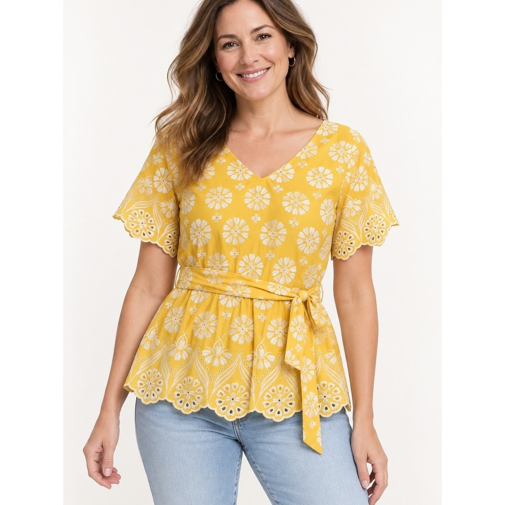 Talbots Yellow Floral Eyelet Embroidered V-Neck Peplum Tie Waist Top Size 12